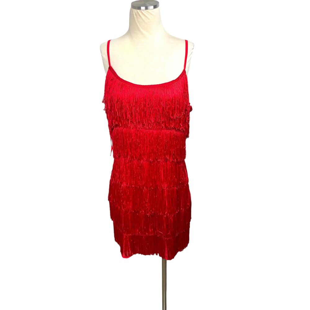 NWT River Island Womens Red Spaghetti Strap Fringe Flapper Dress Size UK‎ 14
